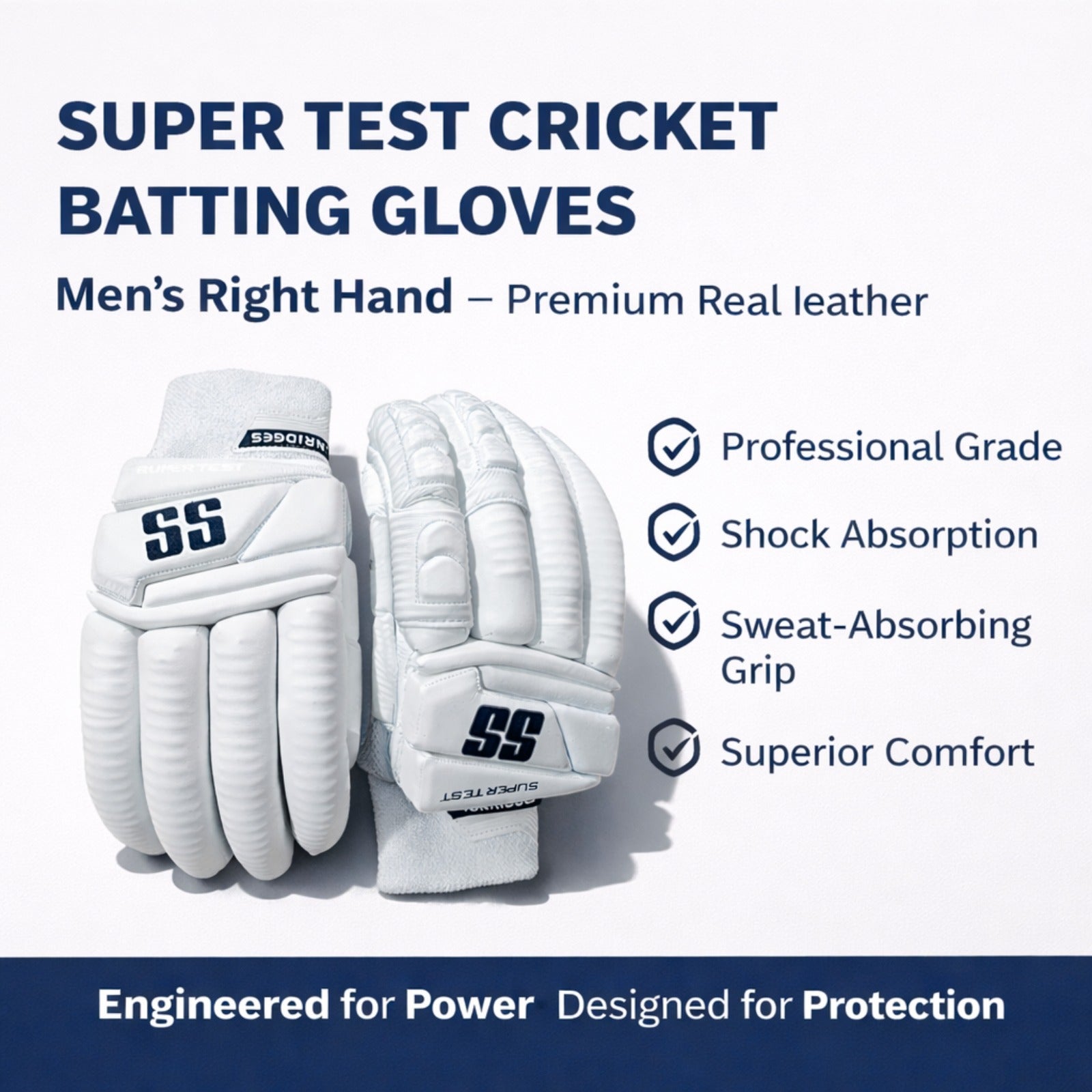 Sterozide Super Test Cricket Batting Gloves – Men’s Right Hand | Top-Line Real Leather Gloves with Sweat-Absorbing Grip