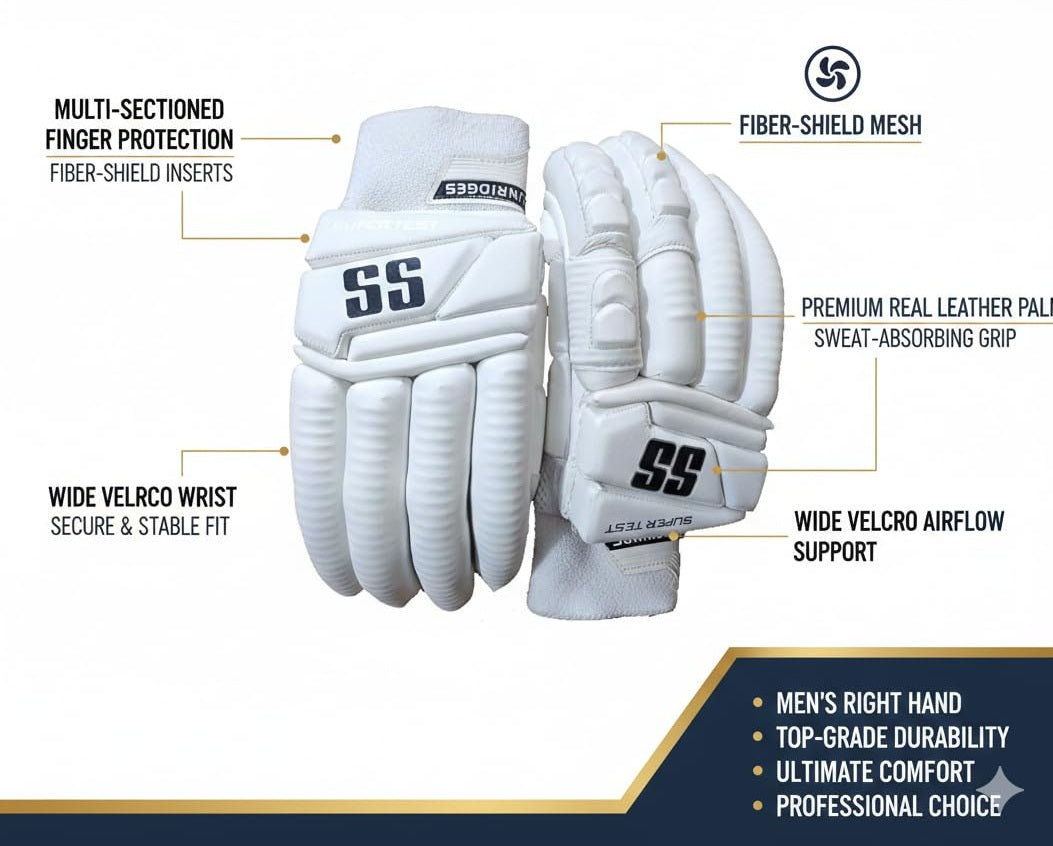 Super Test Cricket Batting Gloves – Men’s Right Hand | Top-Line Real Leather Gloves with Sweat-Absorbing Grip